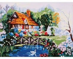 Collection D'Art Tapestry Canvas 40X50 Cottage W/Pond & Swan
