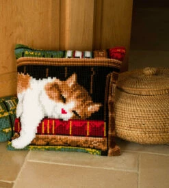 Vervaco Cross Stitch Cushion Kit - Cat Sleeping On Bookshelf -Cheap Knitting Needles Store pn 01464092 lqbbqx1x.wrh